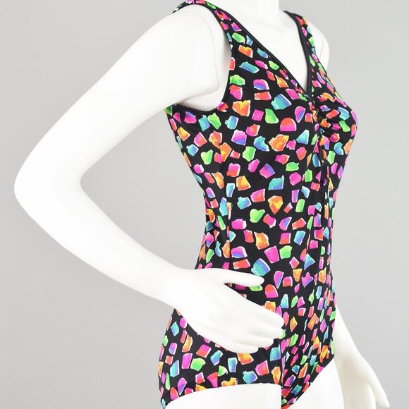 80s Maxine of Hollywood Black and Pink Retro Print Swimsuit - Picture 5 of 16